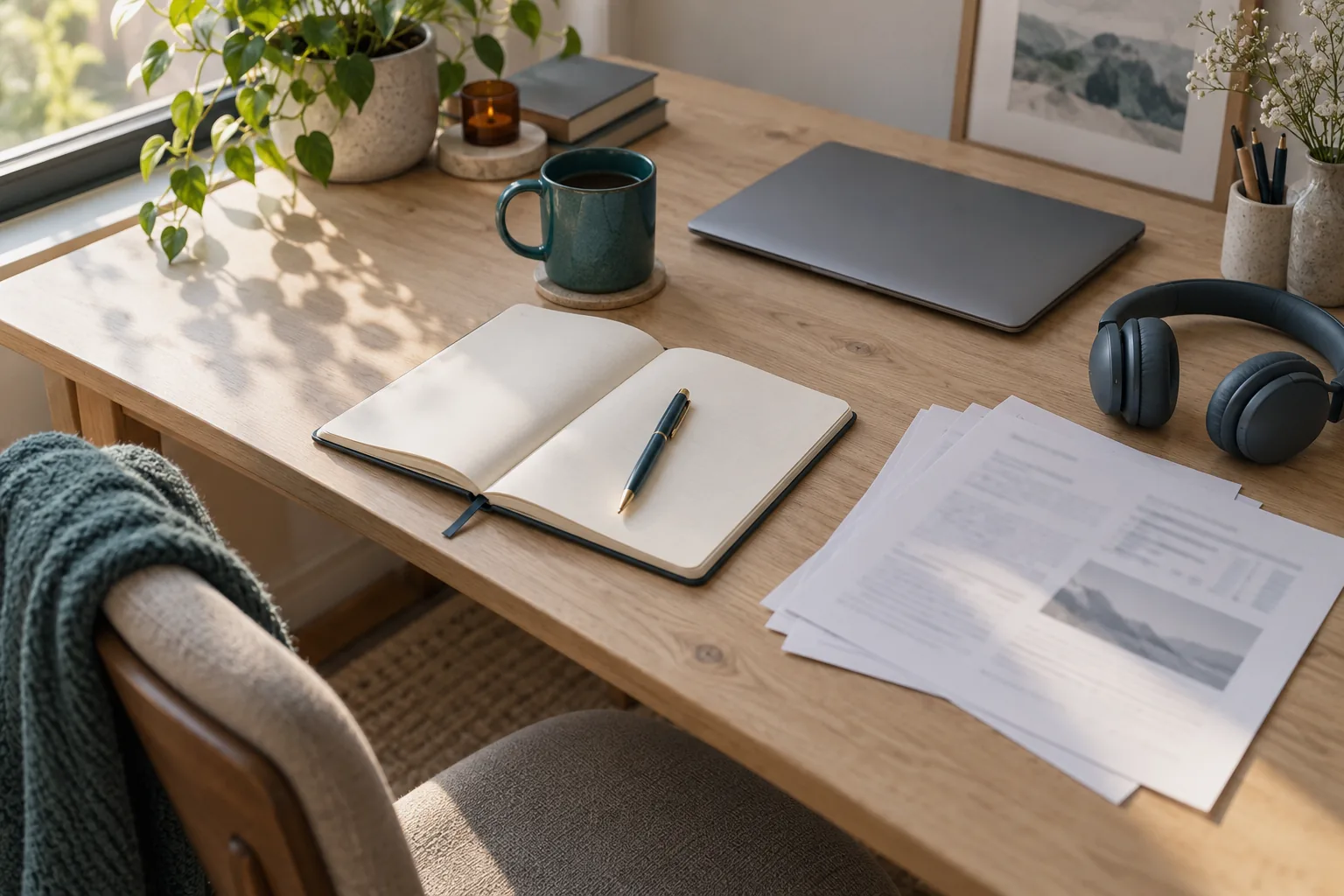 Bureau en bois clair près d'une fenêtre : carnet ouvert et stylo, feuilles de cours, casque audio et tasse sarcelle